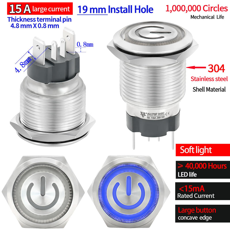 [Australia - AusPower] - 15Amp 19mm Latching Push Button Switch 12V DC 24V Waterproof IP67 Power Button 1NO SPST Power Button Blue Led Metal Self-Locking On Off 3/4inch with Wire Socket 15 Amp Latching, 12/24V DC 