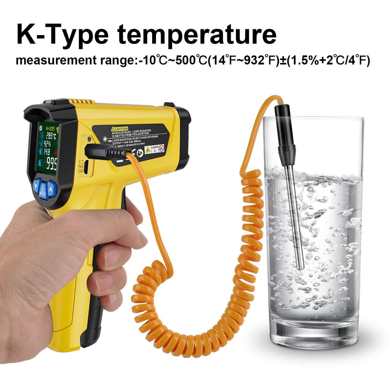 [Australia - AusPower] - MESTEK Digital Infrared Thermometer Pyrometer Laser with K-Probe -50 °C to 800 °C Non-Contact with Colour LCD Alarm Function Adjustable Emission Level Kitchen 