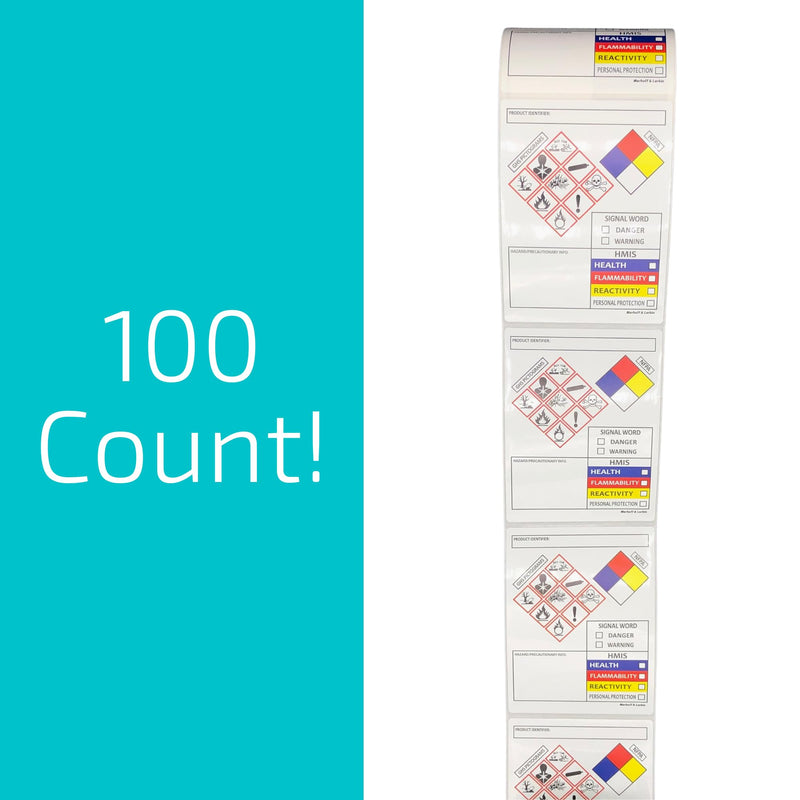 [Australia - AusPower] - SDS OSHA Data Labels for Chemical Safety 4 x 3 Inches | Roll of 100 MSDS Stickers with GHS Pictograms & Perforated Edges for Easy Separating | HMIS & Hazard Compliant | Secondary Containers 