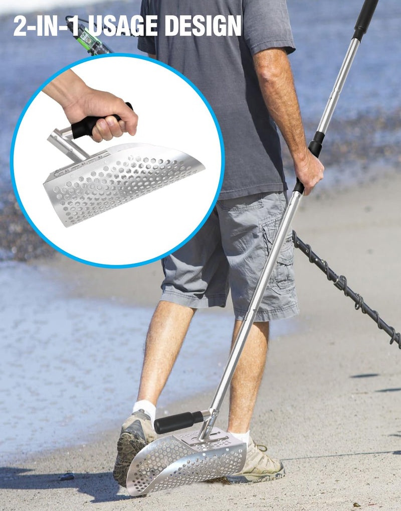 Sand Scoop for Metal Detecting, Heavy Duty Anodized Aluminum Metal Detector Beach Finds Scoop, Metal Detecting Tool Digging Sifting Shovel with 42 inch Handle Silver Sand Scoop + Handle