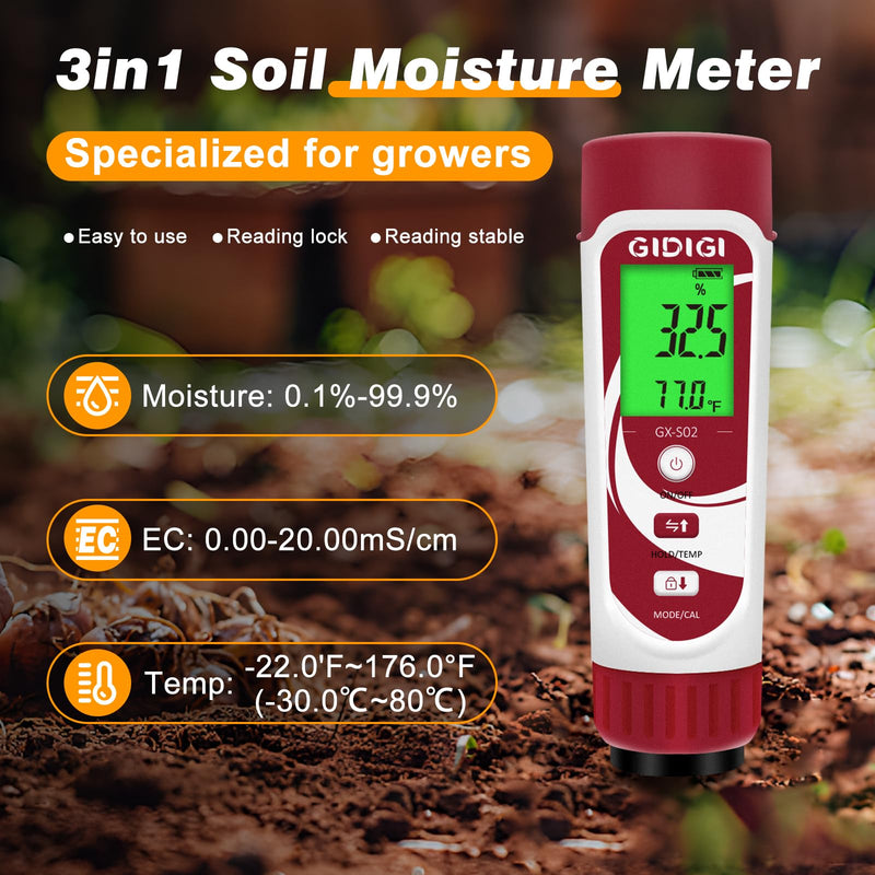 [Australia - AusPower] - Moisture Meter for Plants, 3 in 1 Digital Soil Moisture Meter，Soil Moisture Meter and Soil EC Meter for Farms, Gardens, Orchards, Home Planting, Indoor Plants, Composting and Other Scenarios 