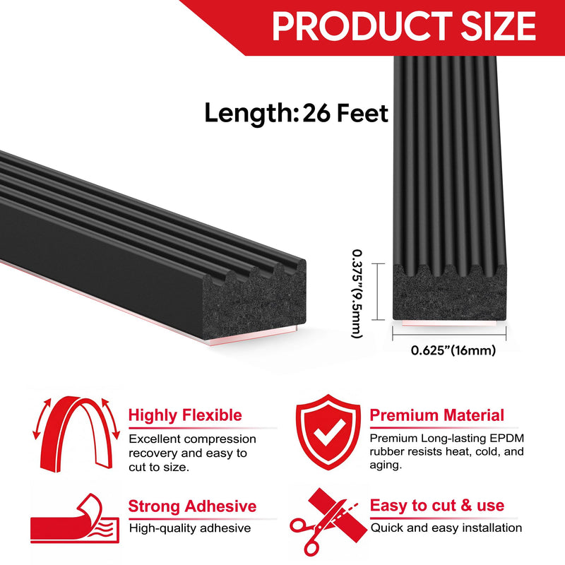 UIOCSSC 26Ft EPDM Rubber Weather Stripping Foam RV Door Seal Self-Adhesive Marine Hatch & RV Door Seal, Automotive Weatherstrip for Enclosed Trailer, Boat, Truck Bed & Home, W:0.625"; H:0.375" 26 Feet Black
