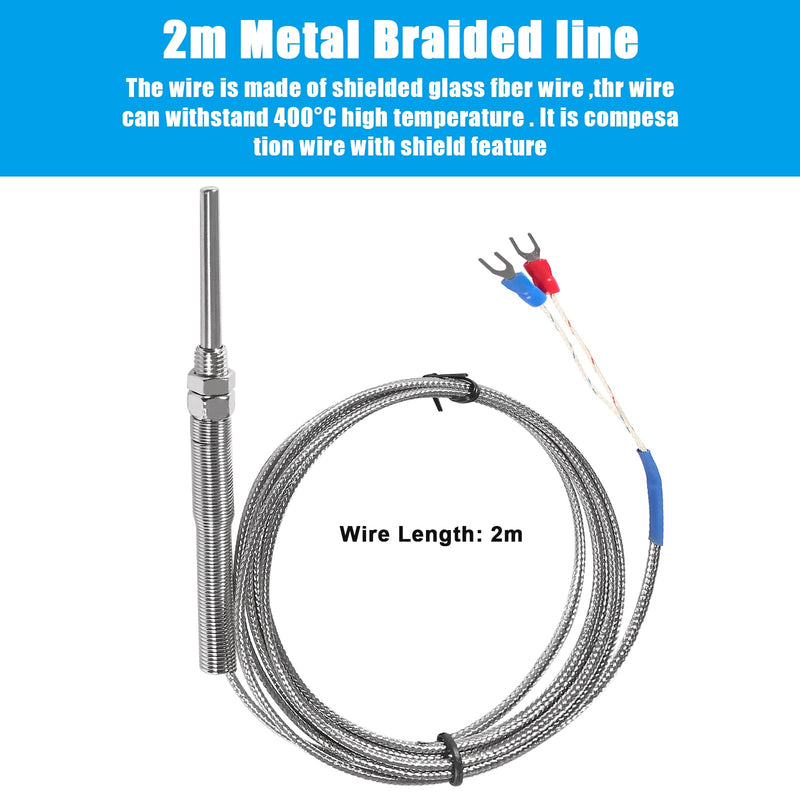 [Australia - AusPower] - Alinan 2pcs 2M/Approx 6.6Ft 50MM Probe M8 Pipe Thread Temperature Sensor Probe Two Wire Temperature Controller (0~400℃) K-Type Stainless Steel Thermocouple 2M 50MM 