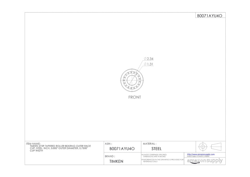 [Australia - AusPower] - Timken 2729 Tapered Roller Bearing Outer Race Cup, Steel, Inch, 3.000" Outer Diameter, 0.7500" Cup Width 