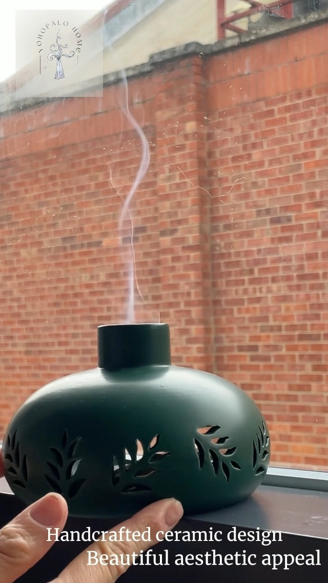 Incense Holder for Palo Santo Sticks Sage Bundles Cone Incense, Handcrafted Ceramic Incense Burner Holder with Chimney, Smudge Bowl for Spiritual Gift, Home Décor