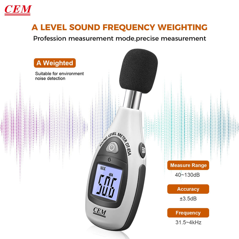 [Australia - AusPower] - Decibel Meter, CEM Digital Sound Level Meter 30 – 130 dB,31.5-8KHz,Audio Noise Measure Device Backlight MAX/MIN, Data Hold Auto Power Off Dual Ranges A Weighted for Home Factories DT-85A db Meter 