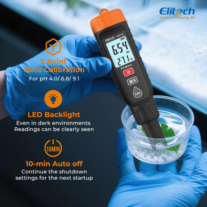 [Australia - AusPower] - Elitech Professional pH Pen Meter - Digital Tester for pH & Temperature in Hydroponics, Growing Solutions with Full Calibration Kit for Plant Health, PHM-230 