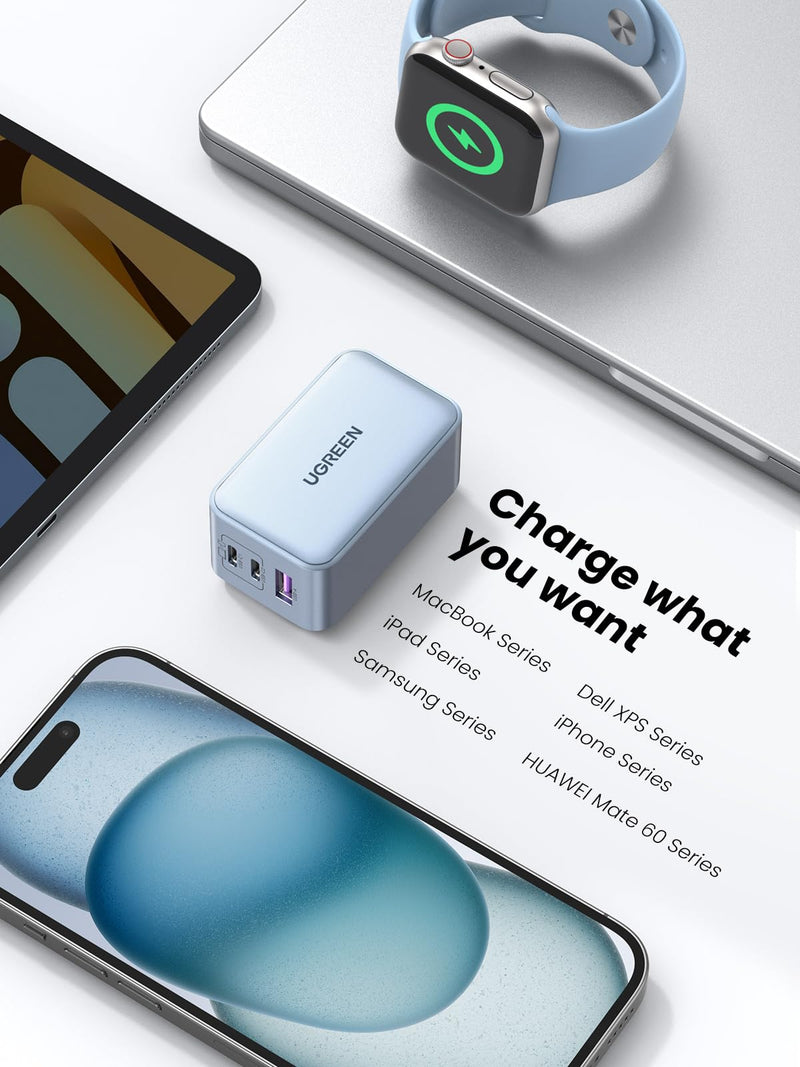 [Australia - AusPower] - UGREEN 65W USB C Charger, Nexode 3 Ports GaN Fast Charger Block, Compact Foldable Charger for MacBook Pro/Air, Dell XPS, iPhone 15 Pro Max/14/13, iPad Pro, Galaxy S23, Pixel 7 (Glacier Blue) Glacier Blue 