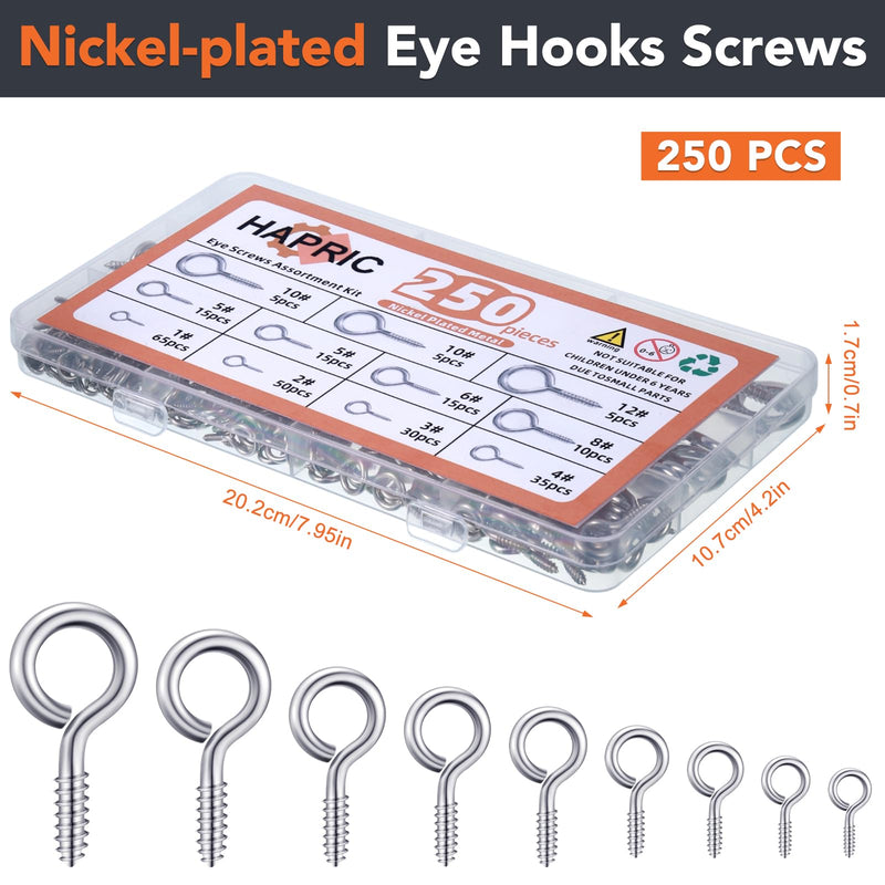 250 Pcs Eye Screws 0.75"-1.75" Eye Hook Screws Silver Nickel Plated Screw Hooks for Hanging 9 Size Self Tapping Screws Eyelet Screws for Christmas Ornaments Decoration