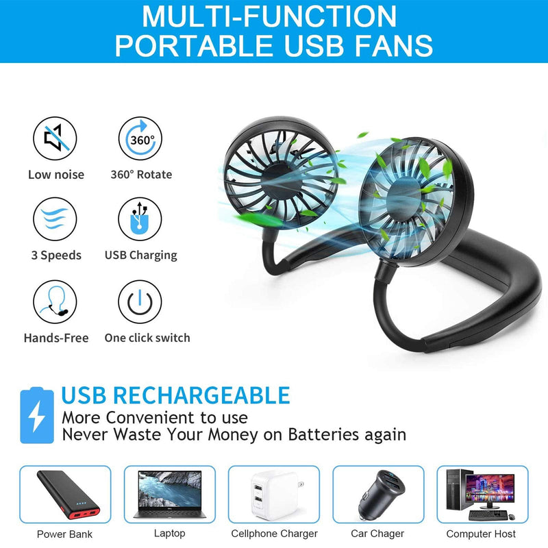 [Australia - AusPower] - RJVW Portable Neck Fan, Hand Free Personal Hanging Neck Sports Fan USB Rechargeable (3 Speed Adjustable) Wearable Cooling Head Fan,360 Degree Free Rotation for Traveling, Sports, Office, Reading Full Black 