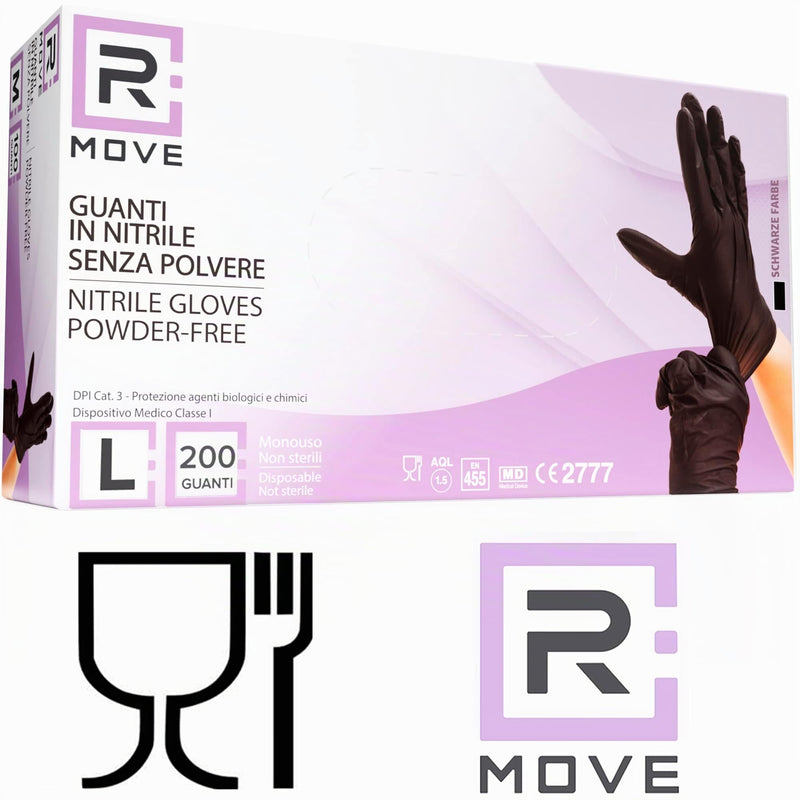 R MOVE Pack of 200 Disposable Gloves, Black, L Nitrile Gloves, Rubber Gloves, Disposable Medical Examination Gloves, Powder-Free (200, Black, L)
