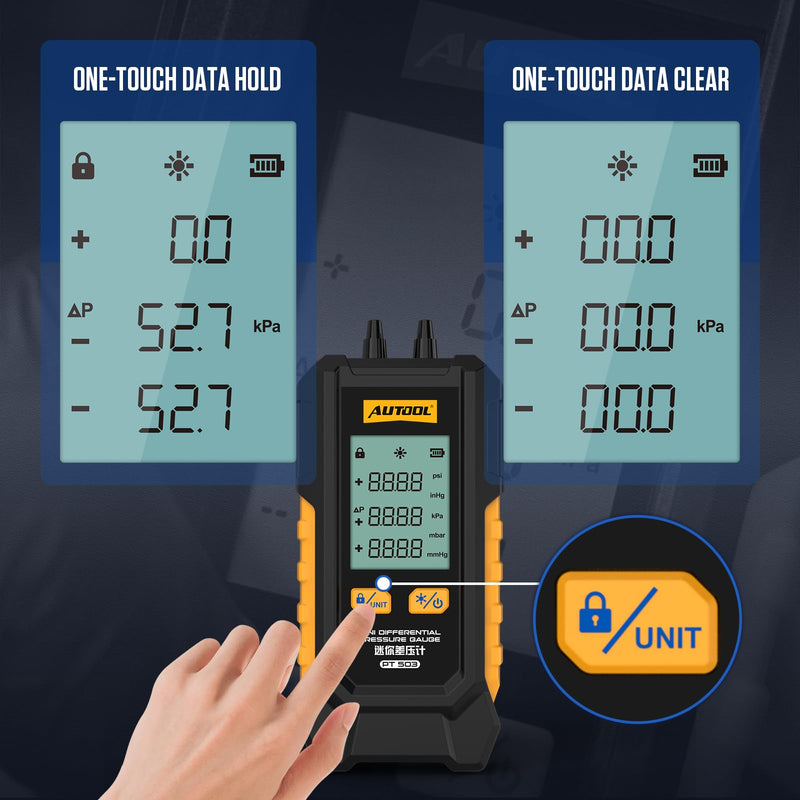 [Australia - AusPower] - AUTOOL Manometer Gas Pressure Tester, Digital Manometer HVAC, 6 Units Differential Dual Port Pressure Gauge -101 to 200Kpa, Data Zeroing with Backlight LCD Display PT503 
