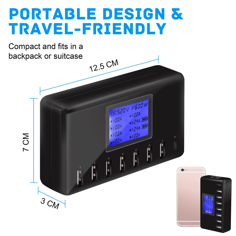 [Australia - AusPower] - USB Charger, slitinto 60W 12A 8-Port USB Charging Station Multi Port USB Hub Charger Compact Size LCD Display Compatible with iPhone iPad Samsung Kindle Tablet Bluetooth Earbuds and More Black 