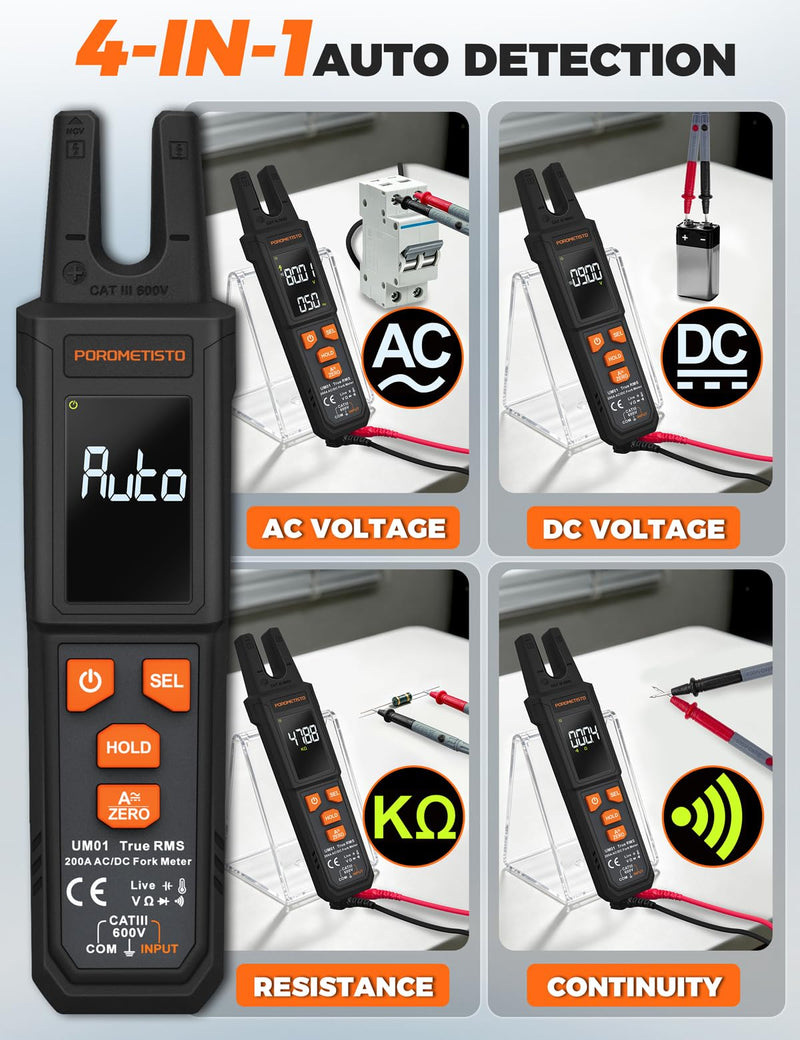 UM01 True RMS AC/DC Digital Current Clamp | U-shaped clamping jaw, AUTO detection, NCV, live phase detection – clamp multimeter & ammeter clamp in one.