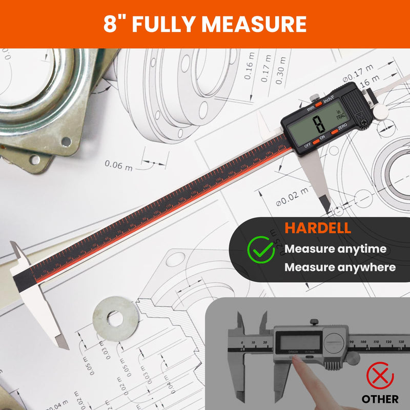 [Australia - AusPower] - HARDELL Digital Caliper, 0-8 Inch Caliper Measuring Tool with Large LCD Screen, Auto-Off, Inch/Fractions/MM Conversion, Electronic Stainless Steel Micrometer for DIY/Household/3D Printing 8 Inch 
