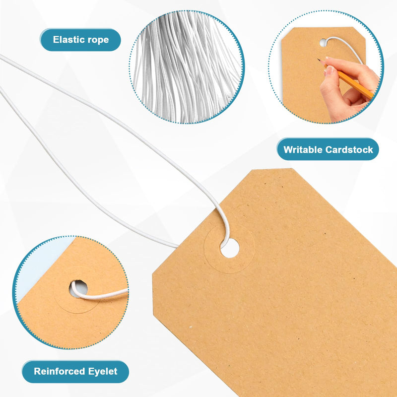 250 Pack Manila Shipping Tags with Elastic String Blank Labeling Tags with Strings Attached, 4 3/4" x 2 3/8" 250 Pack Kraft