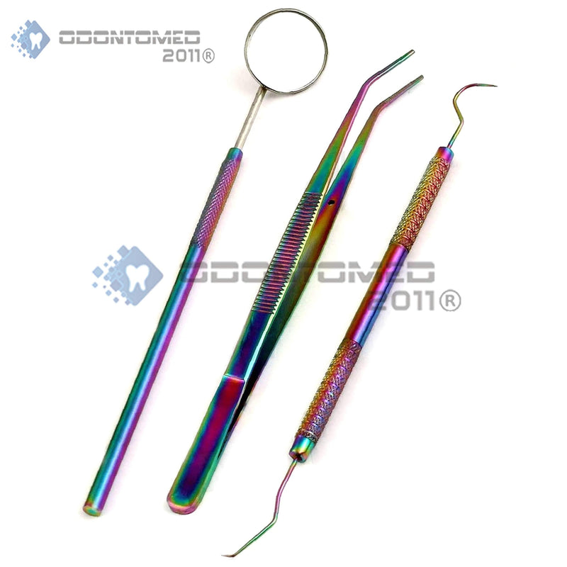 [Australia - AusPower] - Multi Color Rainbow Dental Set - 3pcs Basic Dental Instruments Stainless Steel Dental Tooth Pick, Mouth Mirror,Cotton Plier - Dentists Tools Set is Ideal for Personal Use & Pet Friendly 
