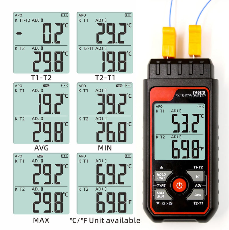 [Australia - AusPower] - Thermocouple Thermometer Digital K/J Type Temperature Thermometer w/ 4 K-Type Thermocouples, Dual-Channel HVAC Temperature Meter -328~2501℉ Measuring Range with Backlit LCD, Alarm & ADJ Compensation 