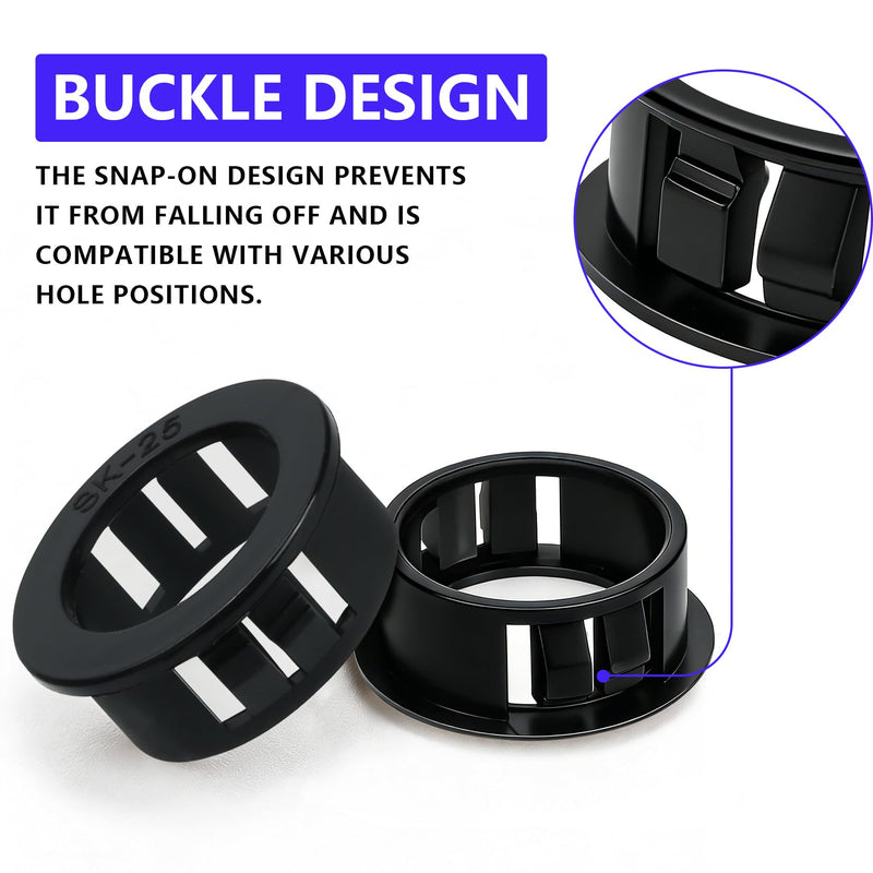 250 Pcs Cable Snap Bushing Grommets, Black Round Nylon Snap in Cable Grommet Protector, 5/16" 3/8" 1/2" 5/8" 3/4" 1" Cable Snap Hole Plugs Locking Bushing Assortment Kit 250