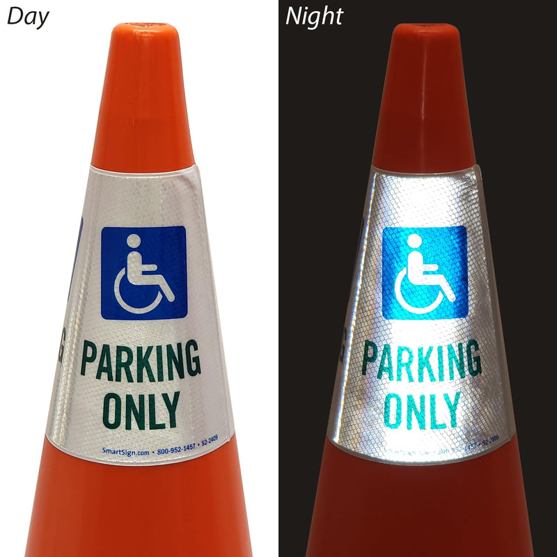 SmartSign 6-Pack "Handicapped Parking Only" Reflective Cone Message Sleeve Collar with Symbol, 360-Degree Visibility, Non-Adhesive Vinyl Signs for Traffic Safety Cones, 3-Side Print [Cone Not Included] Pack of 6 Handicapped Parking Only
