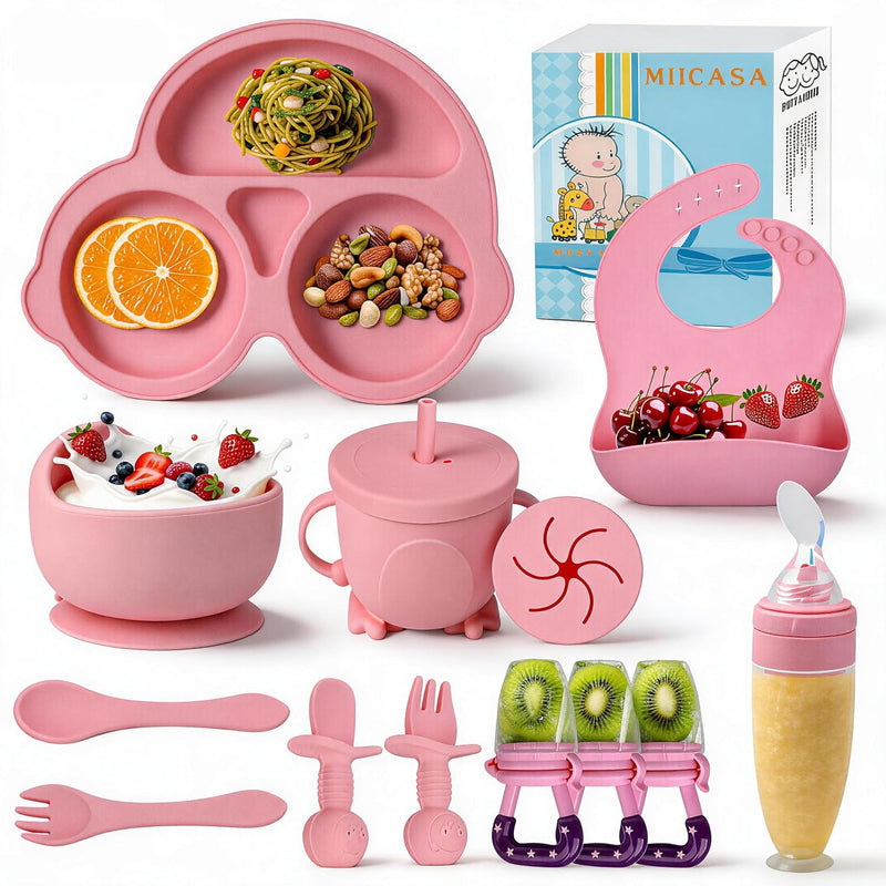 Silicone Baby Feeding Set,Miicasa Baby Led Weaning Supplies Kit With Suction Bowl & Car Plate, Bib, Spoon, Fork, Cup - Food-Grade Silicone, Dishwasher-Safe, No BPAs - For 3+ Months pinkbowlsets