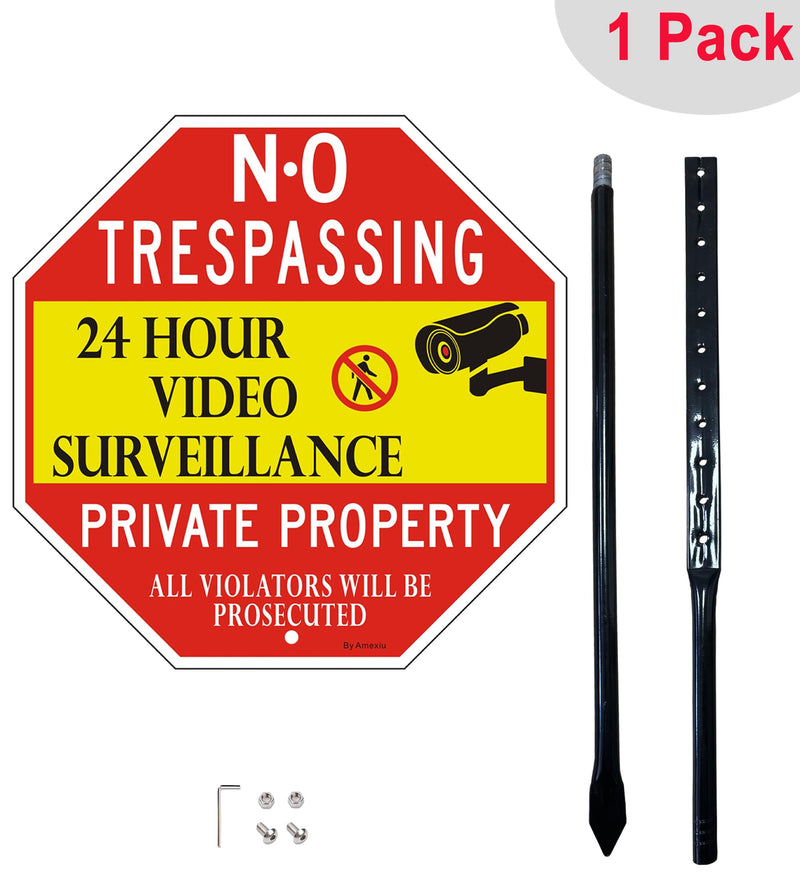 Large No Trespassing Sign Private Property with 36" Metal Stake - 12 x 12 Inches 24 Hour Video Surveillance Signs, Rust-Free& Fade Resistant Aluminum (1 Pack) 12"x12"- 1Pack with Stong stake Red