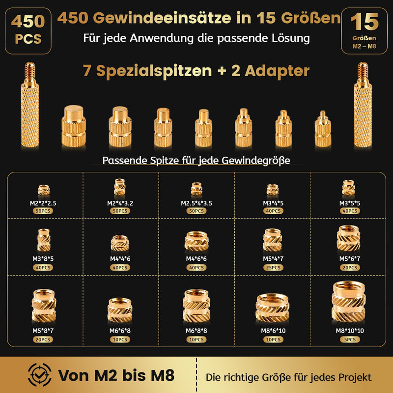 Threaded Inserts M2/M2.5/M3/M4/M5/M6/M8 & Soldering Tips Set 450 | 7 soldering tips and 2 adapters, for melting thread inserts for 3D printing and plastic