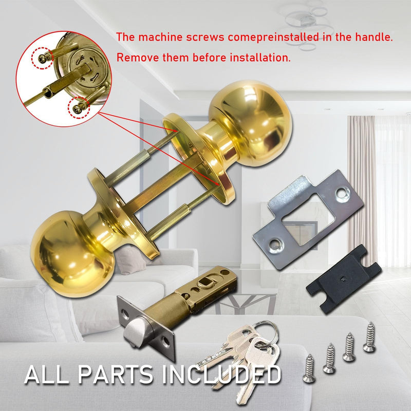 2 Pack Gold Door Knobs with Lock and Keys, Interior and Exterior Door Lock, Standard Ball Door Locks for Bedrooms/Bathroom 2 Pack
