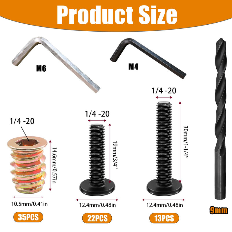 [Australia - AusPower] - Taiss 35PCS 1/4"-20x15mm Threaded Inserts for Wood +22PCS 1/4-20 x 3/4" Bolt +13PCS 1/4-20 x 1-1/4" Bolt,Furniture Screw,Hex Socket Drive Nut Threaded Wood Inserts with 9mm Drill bit & hex Wrench Black 1/4-20x3/4"+1/4-20x1-1/4" 