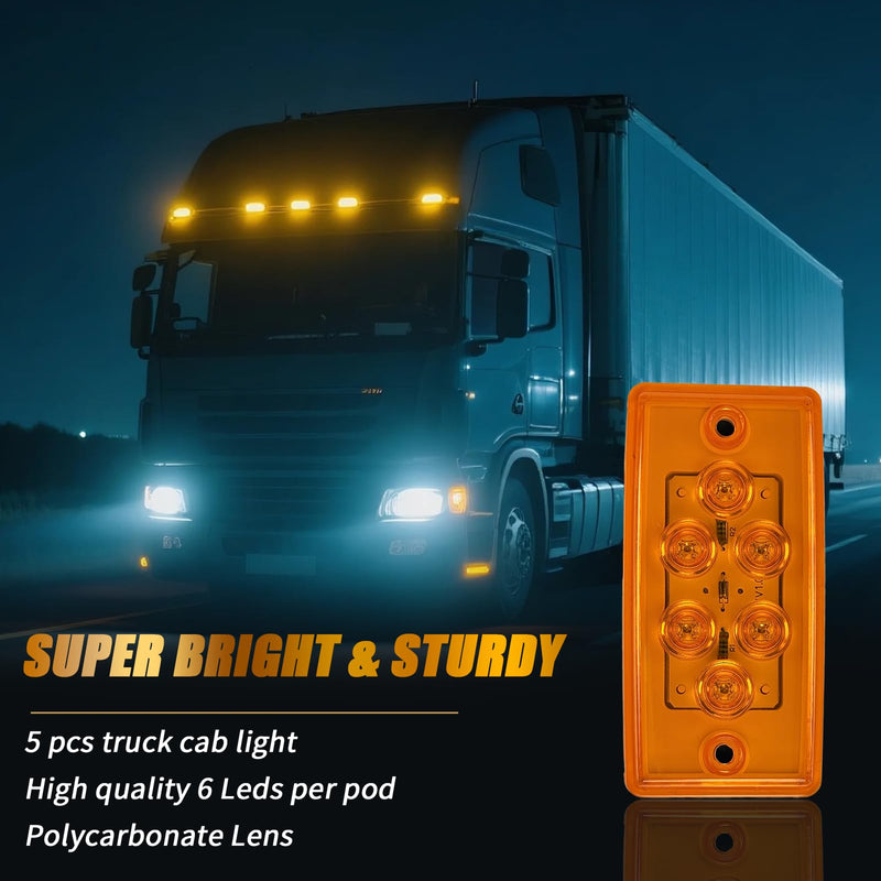[Australia - AusPower] - 5pcs Rectangle 6 LED Amber Roof Top Clearance Marker Lights Cab Lights for Trucks Compatible with Freightliner/Volvo Heavy Duty Trucks & Trailers 