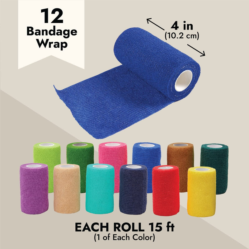 [Australia - AusPower] - Juvale 12 Rolls Colorful Self Adhesive Bandage Wrap 4 Inch Wide x 5 Yards - Cohesive Vet Tape for First Aid, Sports, Tattoo (12 Colors) 12 Count (Pack of 1) 