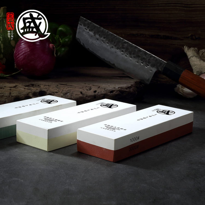 MITSUMOTO SAKARI Professional Japanese 1000/3000 Grit Sharpening Stone | Sharpening and Honing, White Corundum Whetstone, Controlled Water Absorption, Bamboo Base, Kraft Box