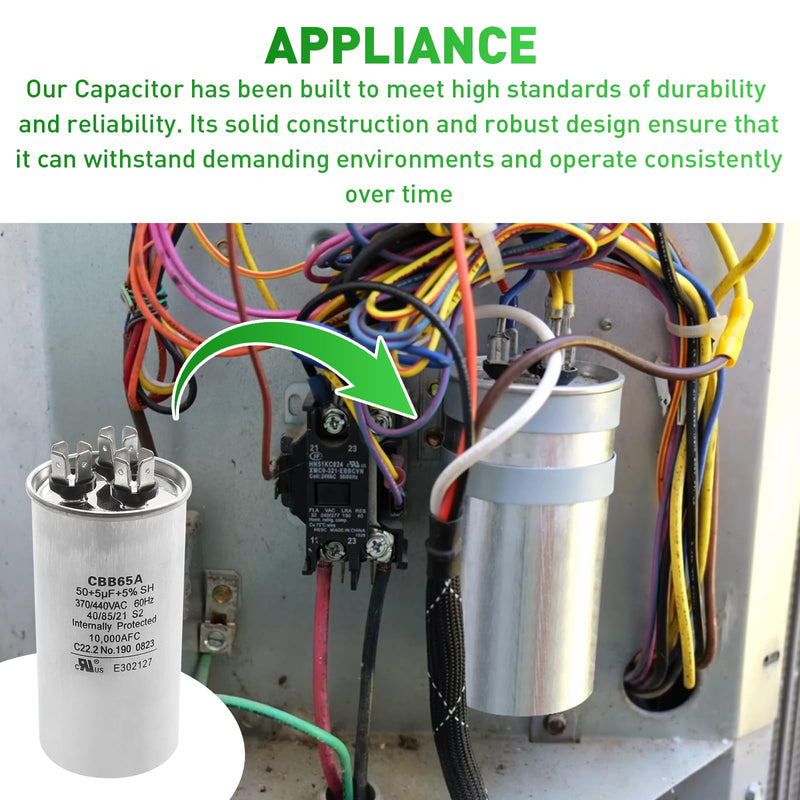 2025 Upgrade 3100248.487 CBB65A Capacitor - 50 + 5uF 370/440VAC 60Hz 10,000AFC Dual Run Circular Start for United States Standard AC Motors, Heat Pumps, Air Conditioning and RV Camper A/C