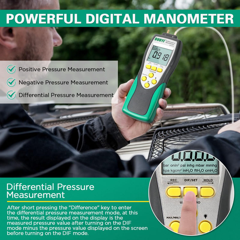 Manometer Gas Pressure Tester ±241.3Kpa/35Psi Wide Range Digital Manometer Gas Pressure Tester 11 Pressure Units Manometer Lp Gas Pressure Tester MAX/MIN/AVG Measurement manometer hvac with Battery