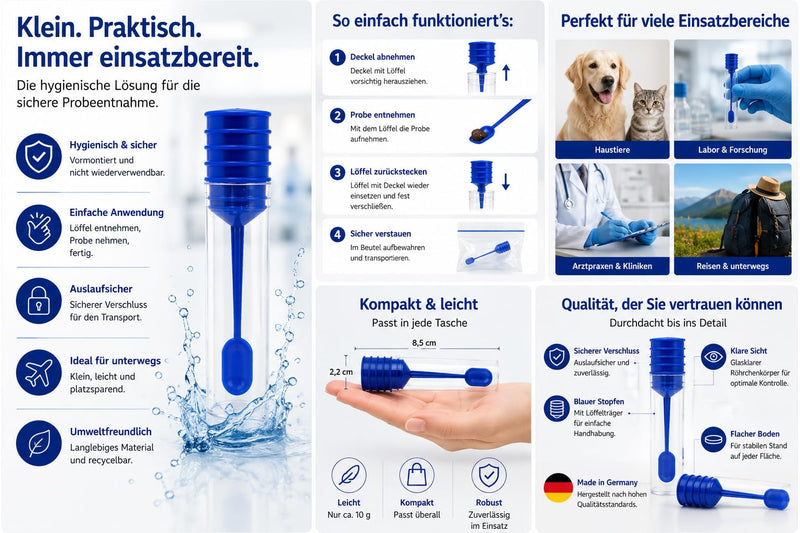 Stool sample tubes with spoon, 20 ml, for dogs, cats, and humans, non-sterile, crystal clear, Made in Germany (5 pieces) 5