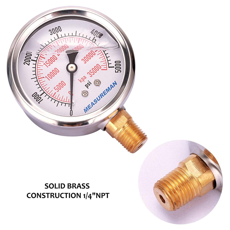 [Australia - AusPower] - MEASUREMAN 2-1/2" Dial Size, Liquid Filled Hydraulic Pressure Gauge, 0-5000psi/kpa, 304 Stainless Steel Case, 1/4" NPT Lower Mount 2 Pack 0-5000 psi / 2PCS 
