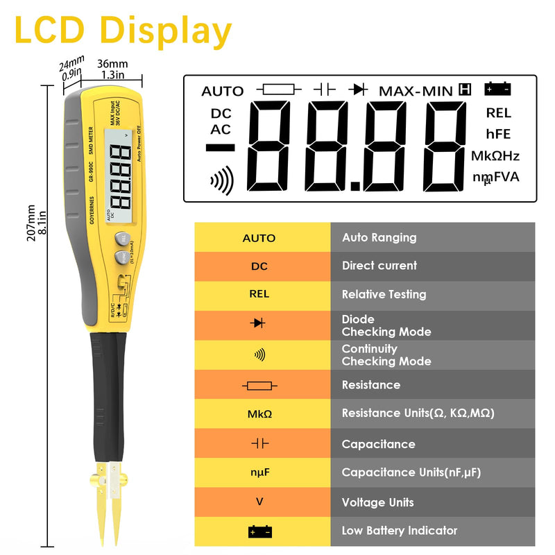 [Australia - AusPower] - Digital SMD Tester 6000 Counts, Auto Ranging Intelligent Resistance Capacitance Diode Zener LED Battery Power Multi Meter Tweezer 