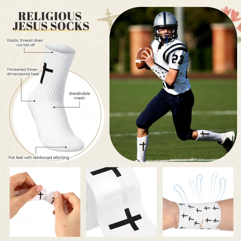 TrelaCo 2 Sets Cross Grip Socks with 2 Pcs Christian Athletic Tape Jesus Soccer Grip Socks Cotton Sports Athletic Tape Serrated Edges for Easter Gifts Football Baseball(White,Cross) White