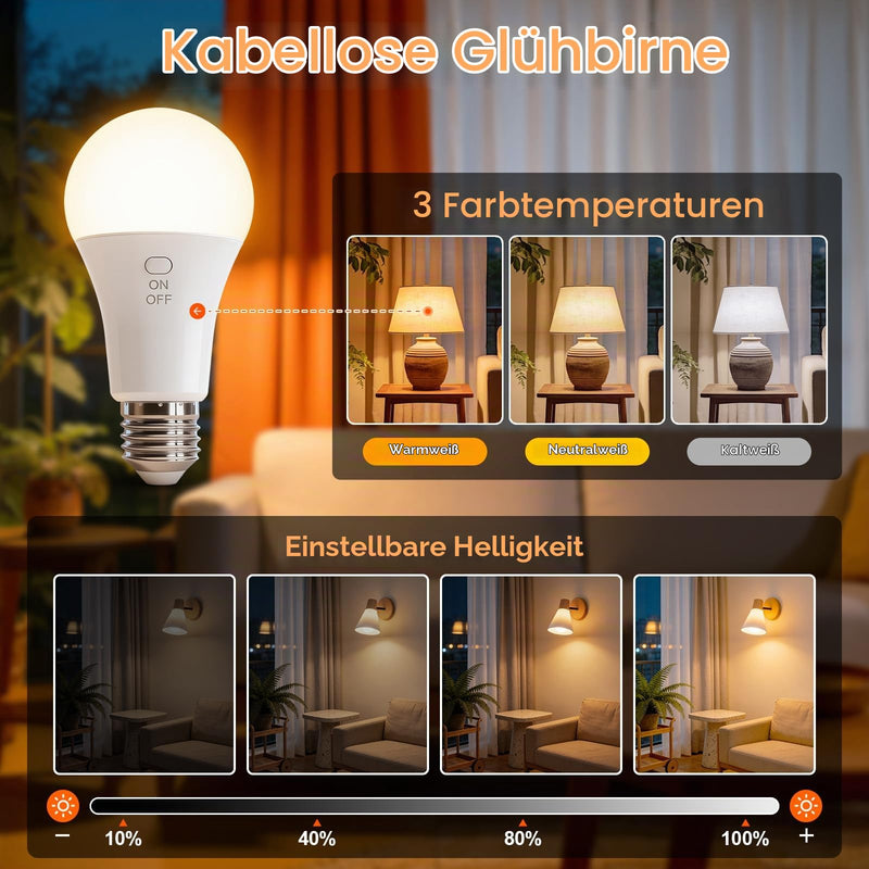 Ketom Pack of 4 Light Bulbs with Remote Control, E27, Rechargeable Bulb, Dimmable | Rechargeable light bulb with timer function, 3 colors, button control, 7W Wireless Decorative Lamp Bulb Emergency Light Camping 3 Colors, 4 Pieces