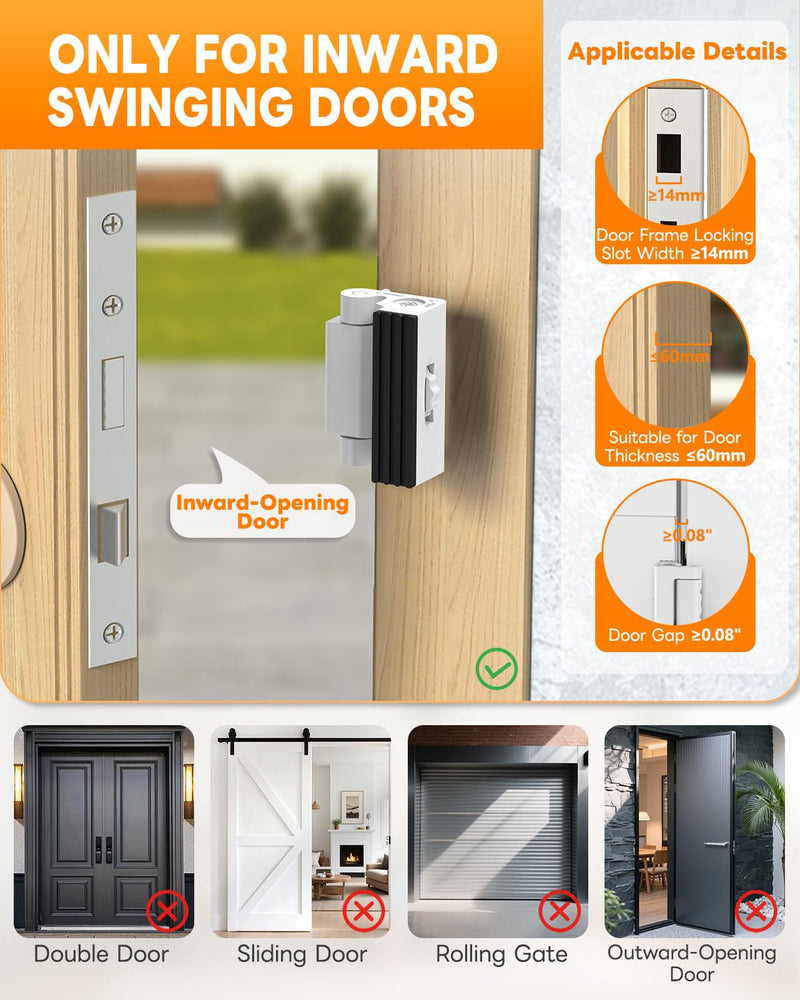 Portable Door Reinforcement Lock for Travel & Home, No Screws Instant Install Safety Lock for Inward Swing Front Door, Hotel, Apartment - Extra Latch from Inside Withstand 800lbs (White-3PCS) White-3PCS