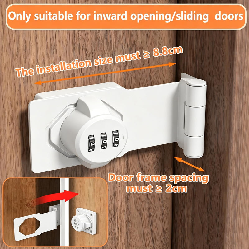 90 Degree Door Password Hasp Latch Lock- White Keyless Sliding Closet Lock Safety Right Angle Hasp Lock Barn Door Lock and Latch for Shed, Cabinet, Gate, Bedroom, Fence, Garden, Backyard Door 2 PCS White 2 Pack