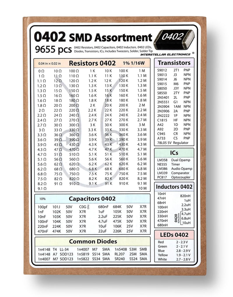 [Australia - AusPower] - SMD 0402 Resistors, Capacitors, Transistors and Electronic Components Assortment SMT Book - 9655 pcs 