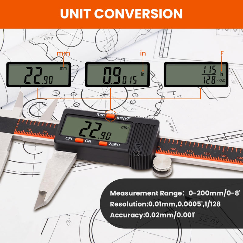 [Australia - AusPower] - HARDELL Digital Caliper, 0-8 Inch Caliper Measuring Tool with Large LCD Screen, Auto-Off, Inch/Fractions/MM Conversion, Electronic Stainless Steel Micrometer for DIY/Household/3D Printing 8 Inch 