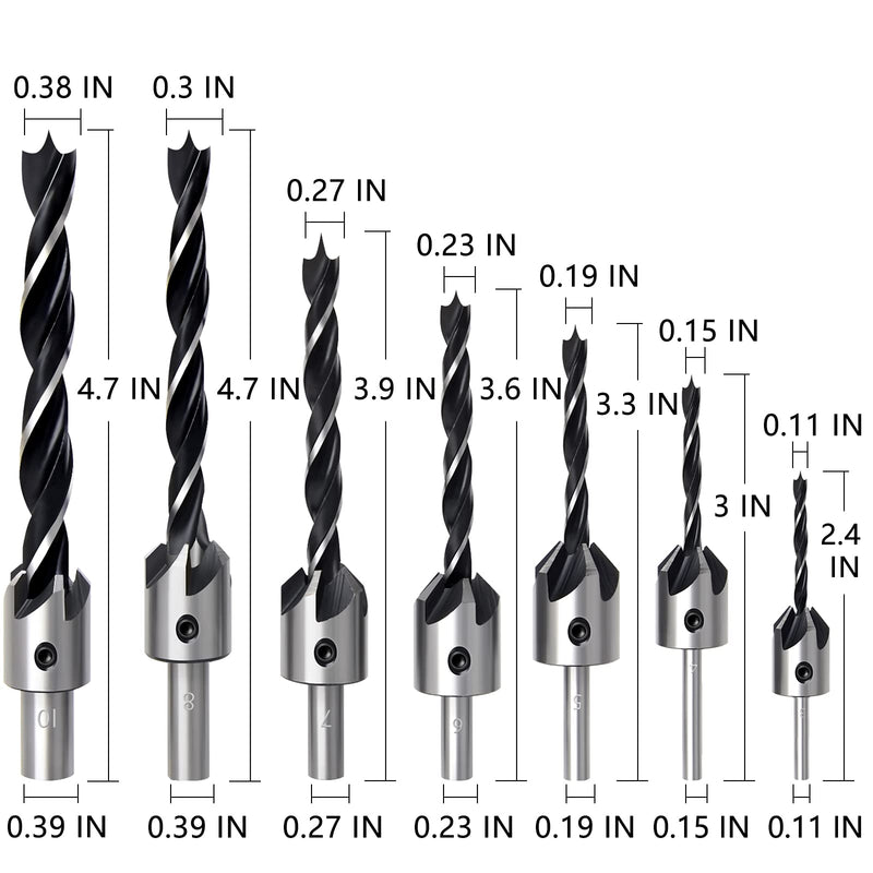 23pcs Woodworking Chamfer Drilling Tool, 8pcs Wood Plug Cutter Drill, 7pcs Three Pointed Countersink Drill Bit with L-Wrench, 6pcs 1/4" Hex 5 Flute 90 Degree Countersink Drill Bits