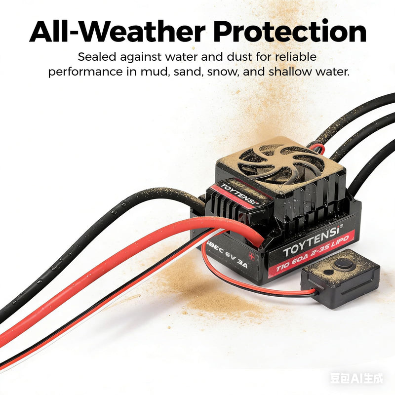 60A Waterproof Brushless ESC, 2-3S LiPo Sensorless Speed Controller for 1/10 RC Car, Truck, Buggy, Truggy, Pre-soldered XT60 & 4.0mm Bullet Connectors, 32-bit MCU - T10 Series 1/10 60A 2-3S XT60
