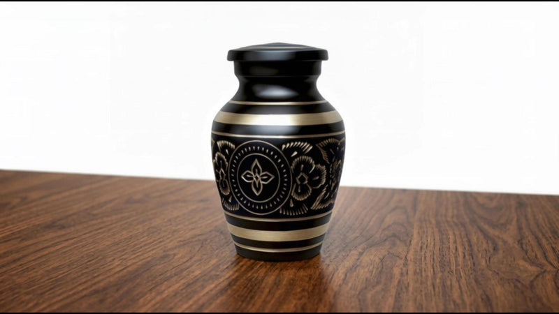 Small Urns for Human Ashes – Brass Hand-Engraved Funeral Keepsake with Elegant Black Finish – Mini Cremation Memorial for Mom, Dad & Loved Ones Small