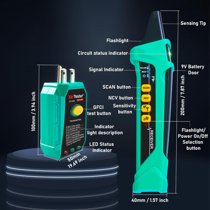 Xin Tester Digital AC Circuit Breaker Finder Tool with Integrated GFCI Outlet Tester, 90-120V NCV Electrical Circuit Tracer Automatically Scan Voltage Detector Electrician Tool XT-33A