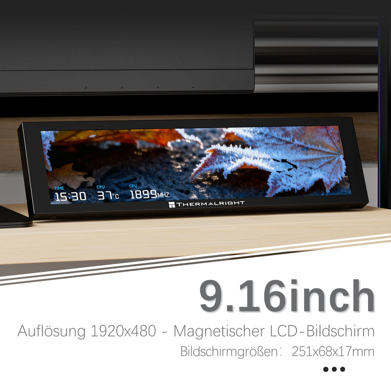 TR Thermalright Trofeo Vision 9.16 LCD Black IPS 9.16 Inch Display Screen 1920×480 Resolution - Can be Attached to Case or CPU Cooler, DIY Dynamic Images/Videos, Black