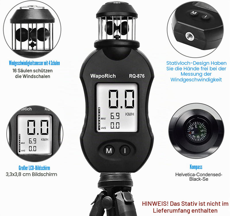 Mini Wind Gauge, 360° Cup Anemometer Handheld Wind Gauge Measures Wind Speed 0.7-42m/s with Compass for Sailing, Hunting, Drone Flight RQ-876