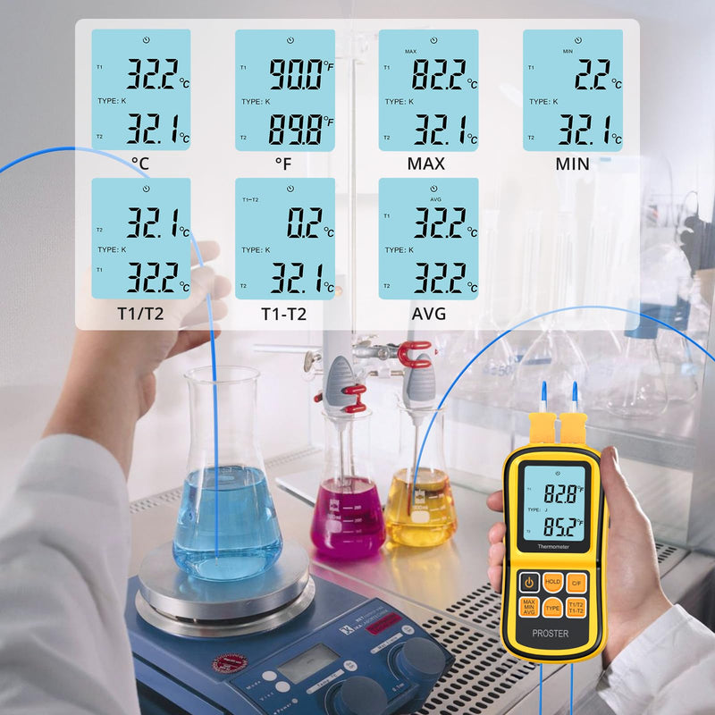 [Australia - AusPower] - Proster Digital Thermometer with 2 Dual Channel K-Type Thermocouples Sensor Probe LCD Backlight Temperature Meter Temperature Meter for Thermocouple Types K/J/T/E/R/S/N - Yellow 